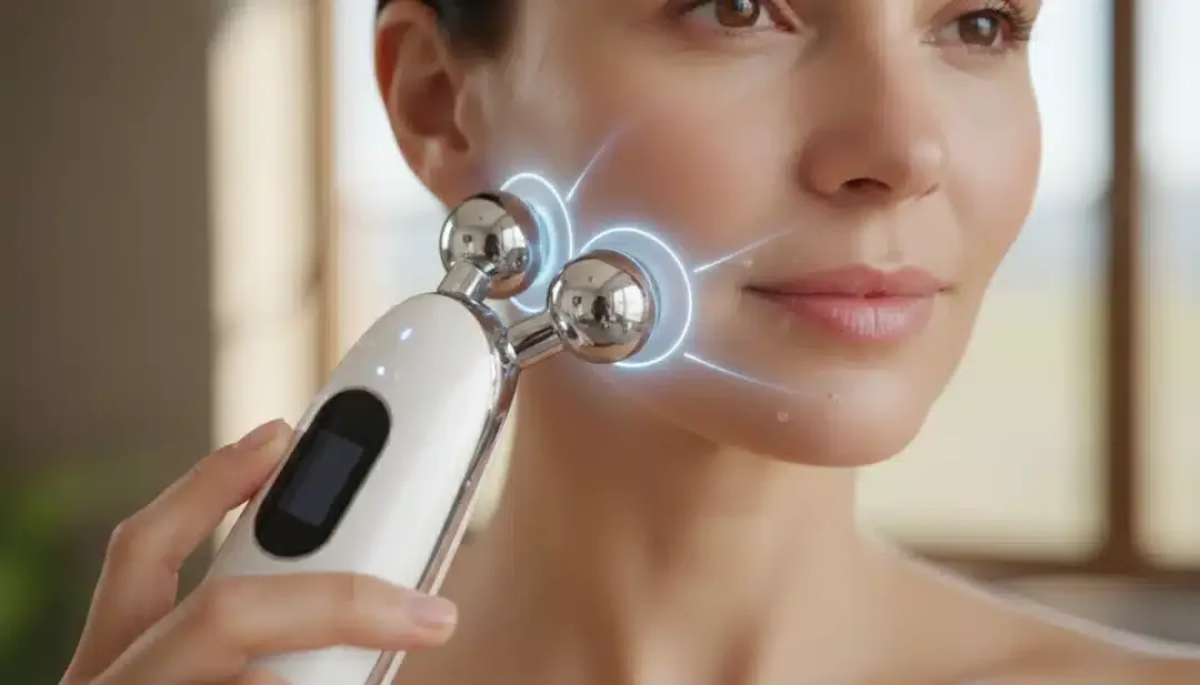 Mujer utilizando un dispositivo de microcorrientes para el cuidado facial, mostrando la aplicación de tecnología en belleza.