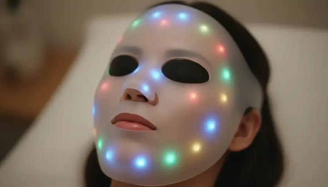Máscara de terapia de luz LED personalizada para tratamiento facial, ejemplo de tecnología innovadora en belleza.