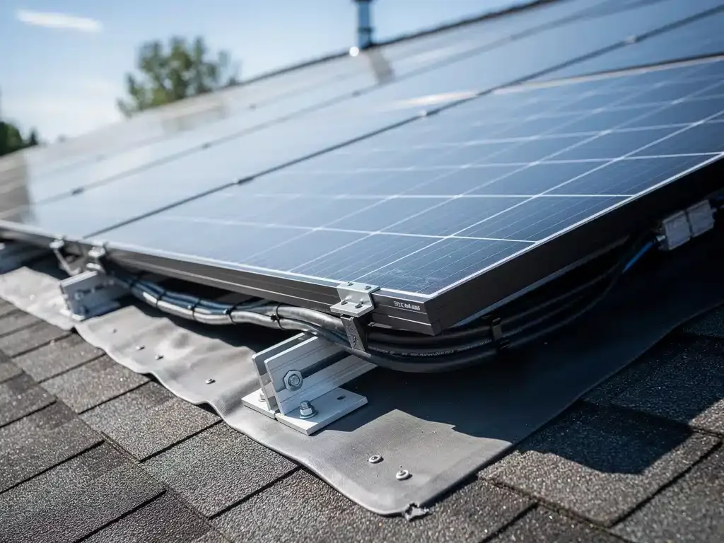 Detalle de paneles solares instalados en un techo residencial, mostrando la tecnología y la integración.