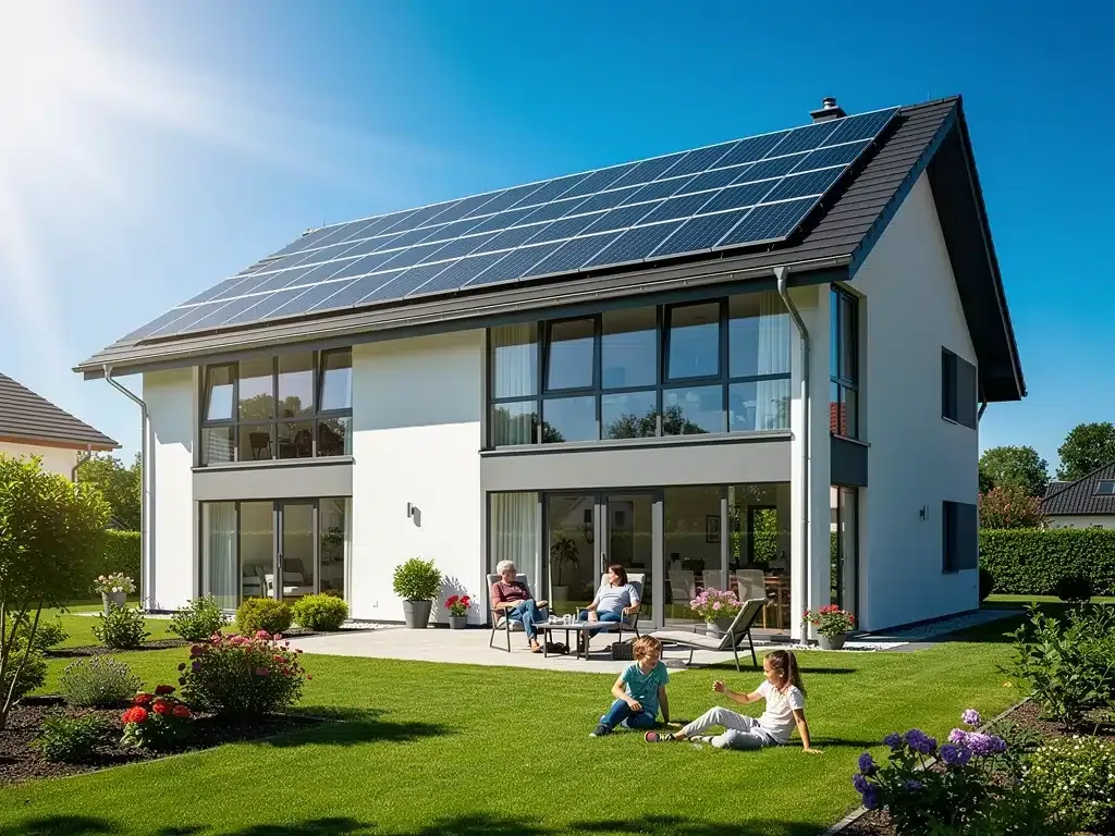 Casa moderna con paneles solares en el techo, un símbolo de eficiencia energética y ahorro en el hogar.