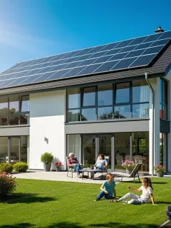 Casa moderna con paneles solares en el techo, un símbolo de eficiencia energética y ahorro en el hogar.
