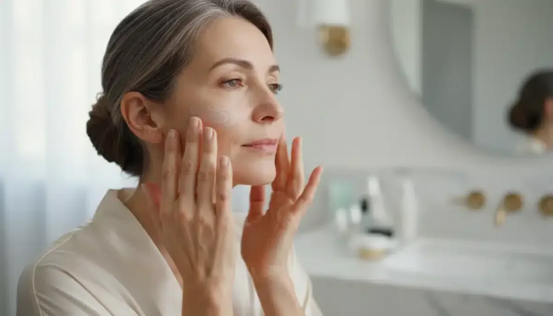 Mujer realizando masaje facial como parte de su rutina antienvejecimiento.