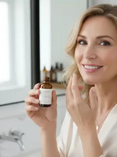 Mujer de más de 40 años aplicando suero antienvejecimiento con piel radiante en Estados Unidos.