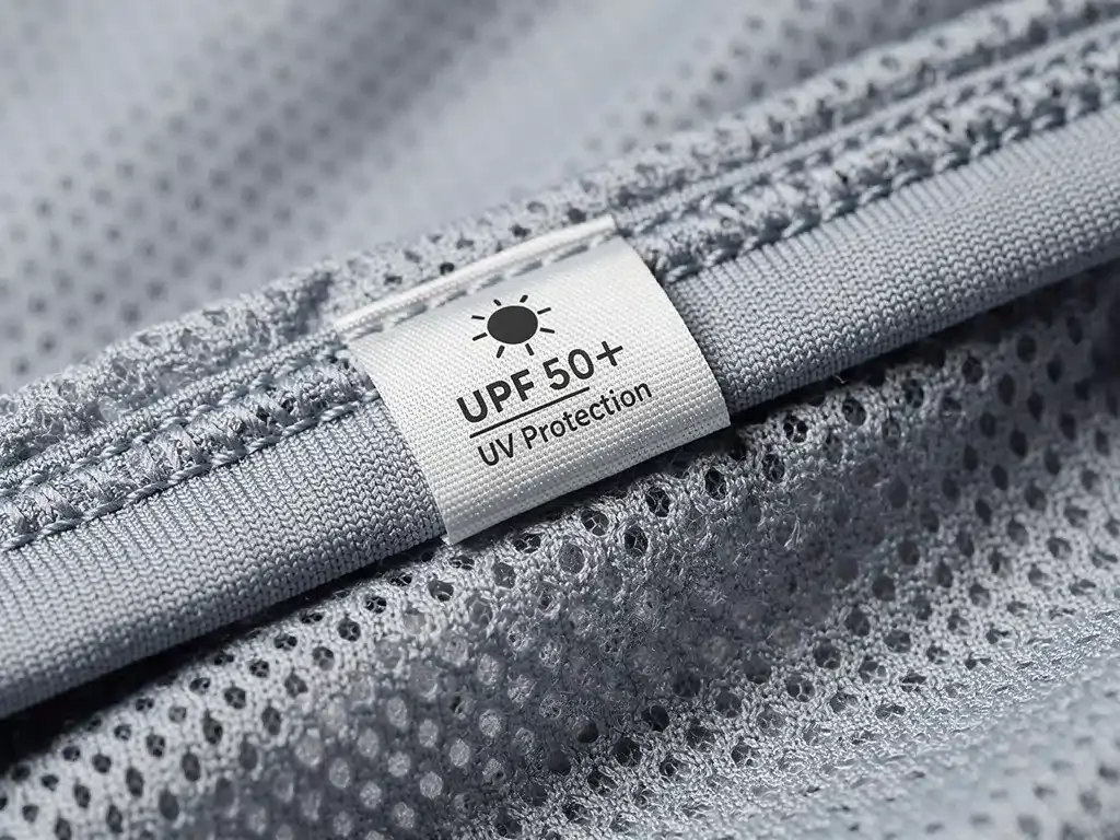 Etiqueta de ropa deportiva con indicación de protección UV UPF 50+.