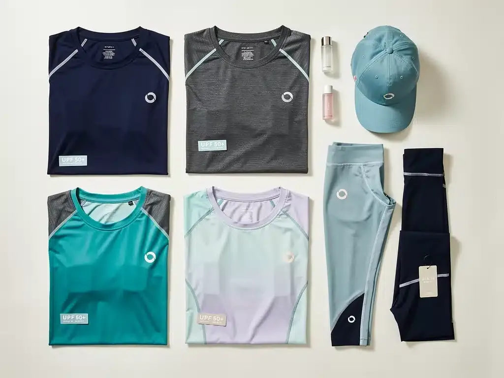 Variedad de prendas de ropa deportiva con protección UV de diferentes marcas, exhibidas.