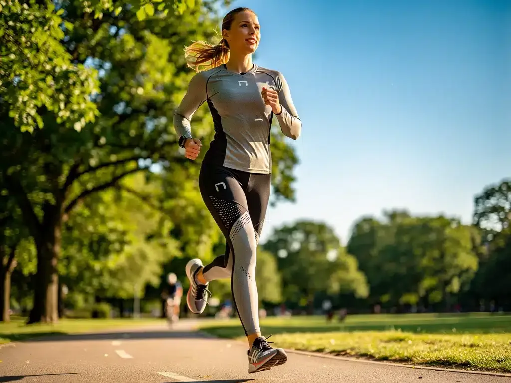 Mujer corriendo al aire libre con ropa deportiva de protección UV, bajo un sol brillante.