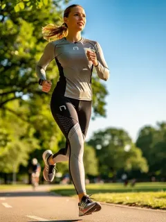 Mujer corriendo al aire libre con ropa deportiva de protección UV, bajo un sol brillante.