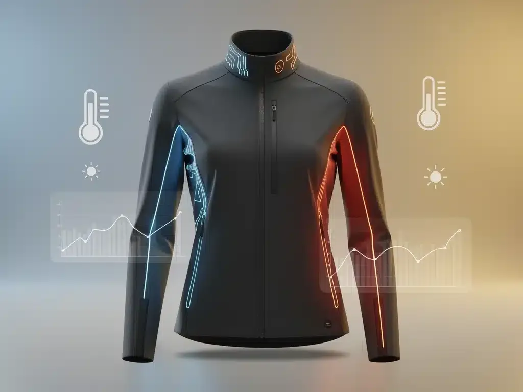 Chaqueta inteligente ajustando automáticamente su temperatura en un entorno cambiante, destacando una innovación en ropa inteligente.