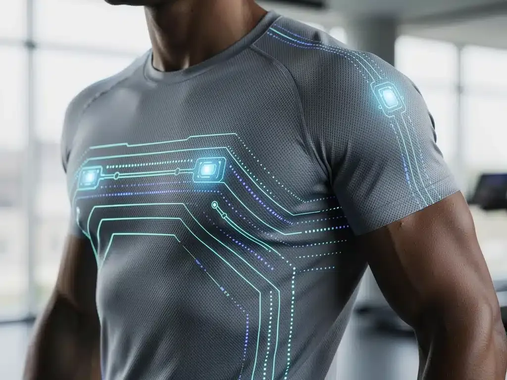 Camisa inteligente futurista con sensores luminosos incrustados, representando la Guía 2026 de ropa inteligente.