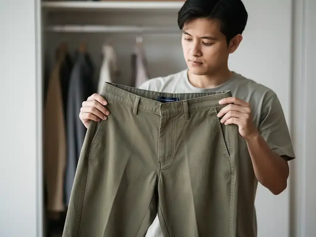Persona inspeccionando una prenda de ropa de material duradero, reflejando una elección de compra consciente.