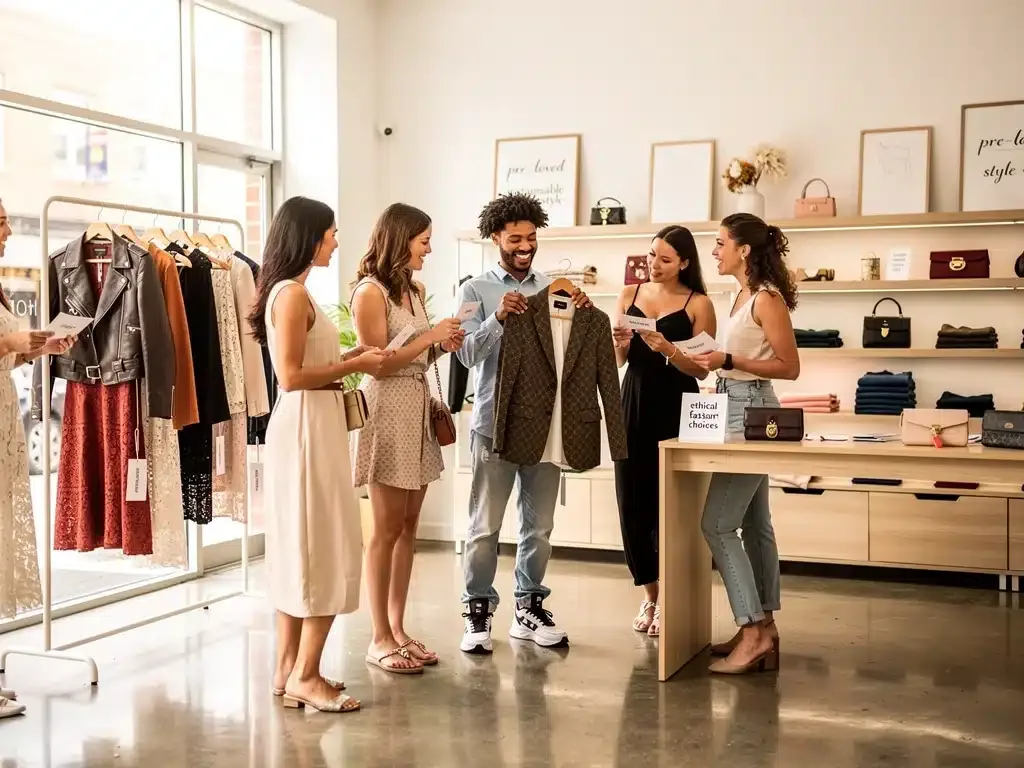 Jóvenes comprando ropa de lujo de segunda mano en una boutique moderna, simbolizando el consumo consciente y accesible.