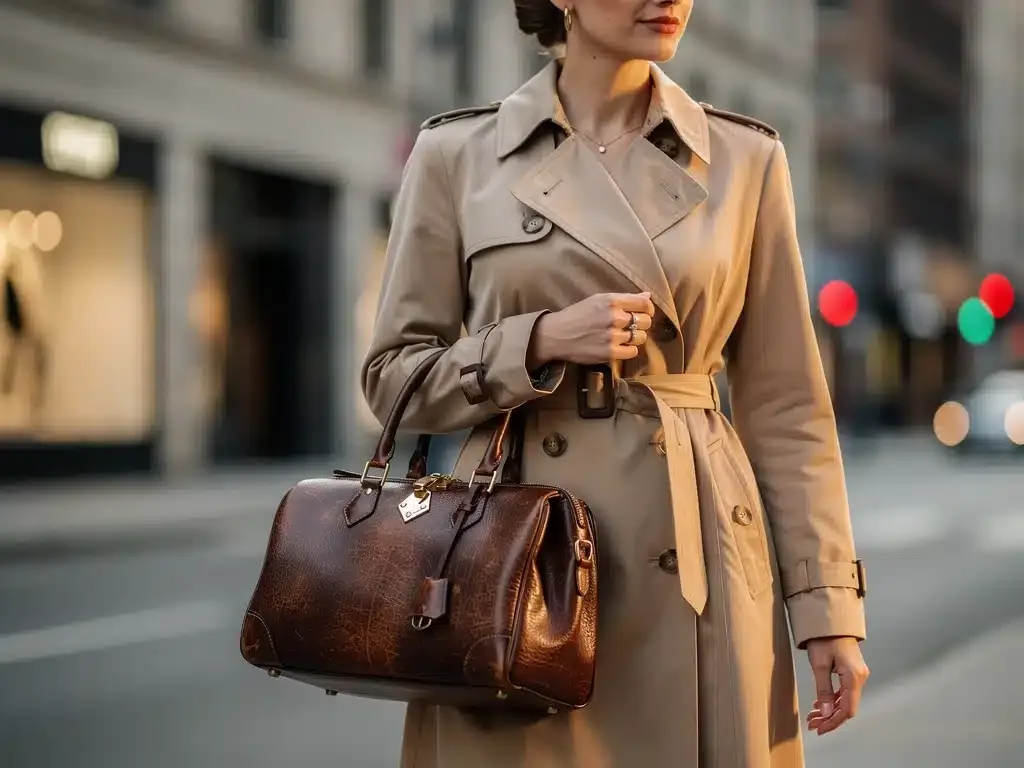Mujer elegante con bolso de lujo de segunda mano en una calle urbana, destacando la calidad y el estilo atemporal.