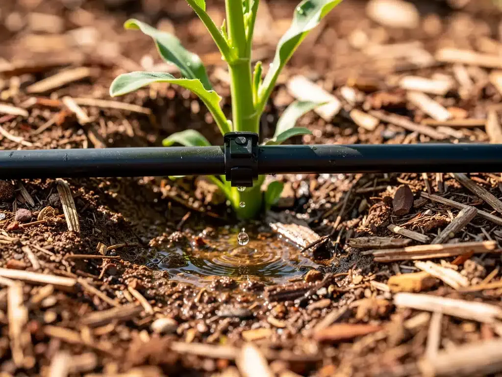 Sistema de riego por goteo en un jardín, optimizando el uso del agua y reduciendo el desperdicio.