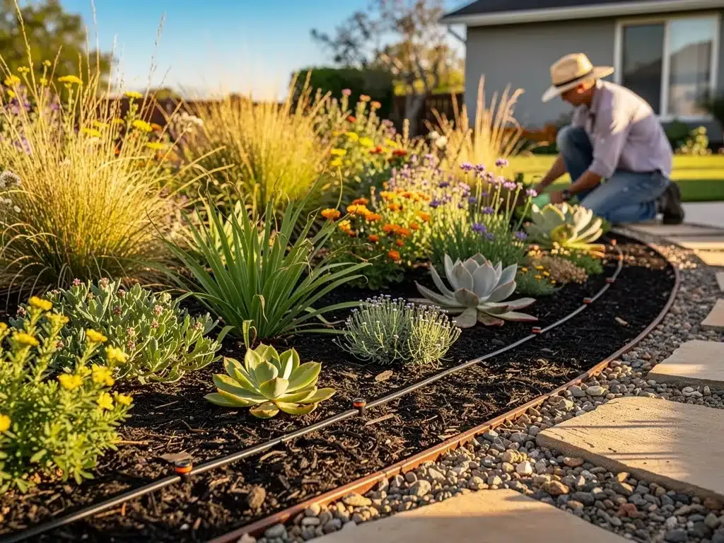 Jardín sostenible con plantas resistentes a la sequía y sistema de riego eficiente, mostrando belleza y ahorro de agua.