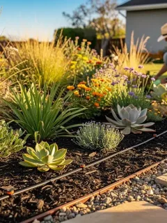 Jardín sostenible con plantas resistentes a la sequía y sistema de riego eficiente, mostrando belleza y ahorro de agua.