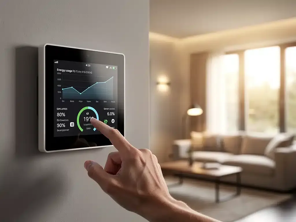 Termostato inteligente mostrando ahorro energético en un hogar con Domótica Inteligente Ahorro Energía.
