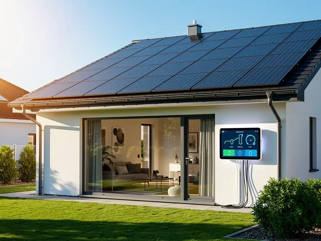 Paneles solares en techo de vivienda integrados con sistema de Domótica Inteligente Ahorro Energía.