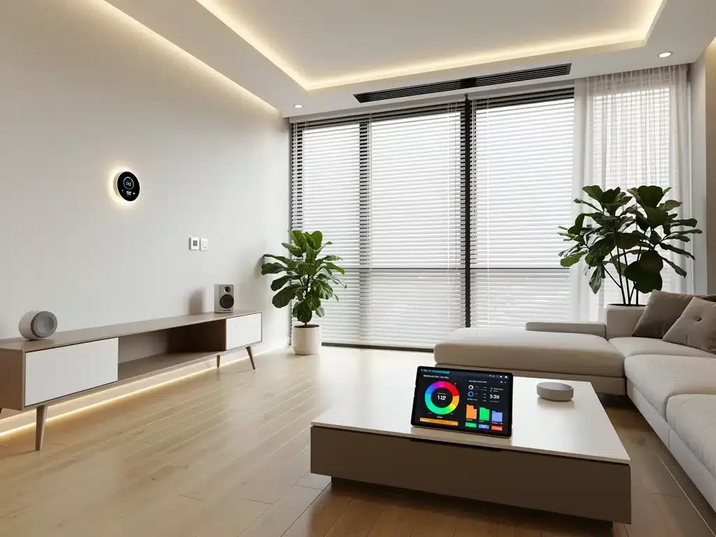 Interior de hogar moderno con dispositivos de Domótica Inteligente Ahorro Energía, mostrando eficiencia y confort.