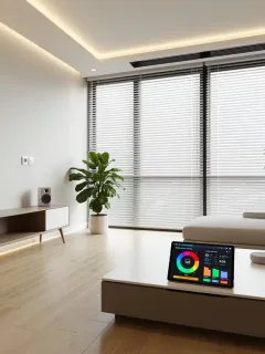 Interior de hogar moderno con dispositivos de Domótica Inteligente Ahorro Energía, mostrando eficiencia y confort.
