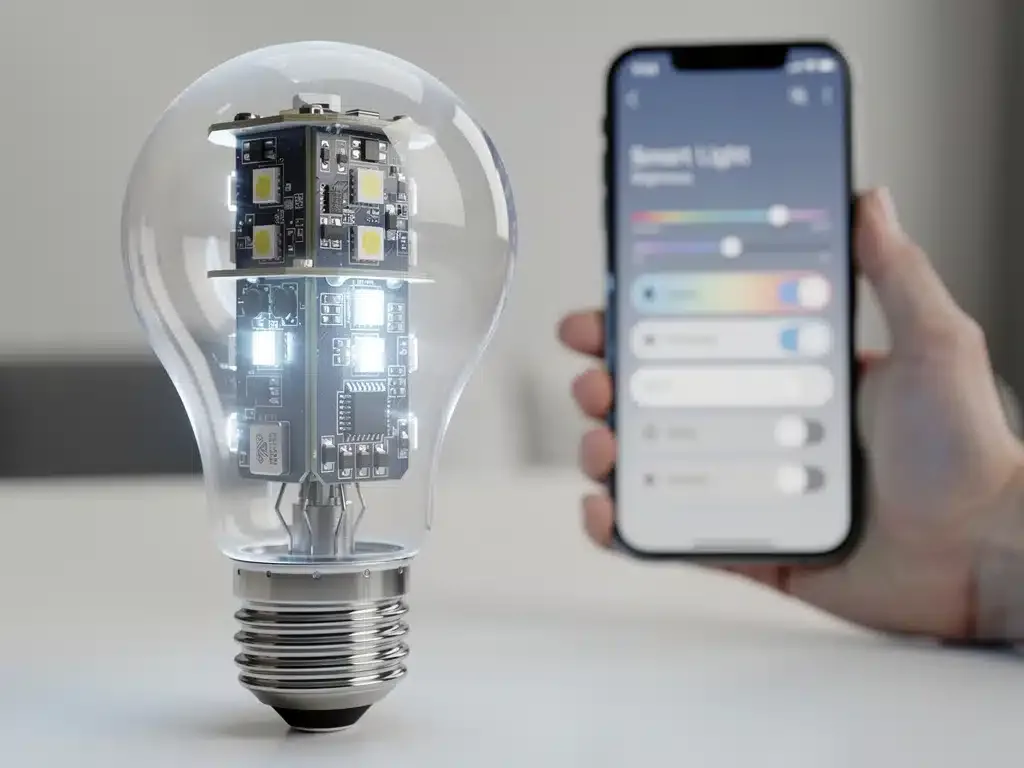 Bombilla LED inteligente controlada por una aplicación móvil, simbolizando la facilidad de uso y la tecnología avanzada.