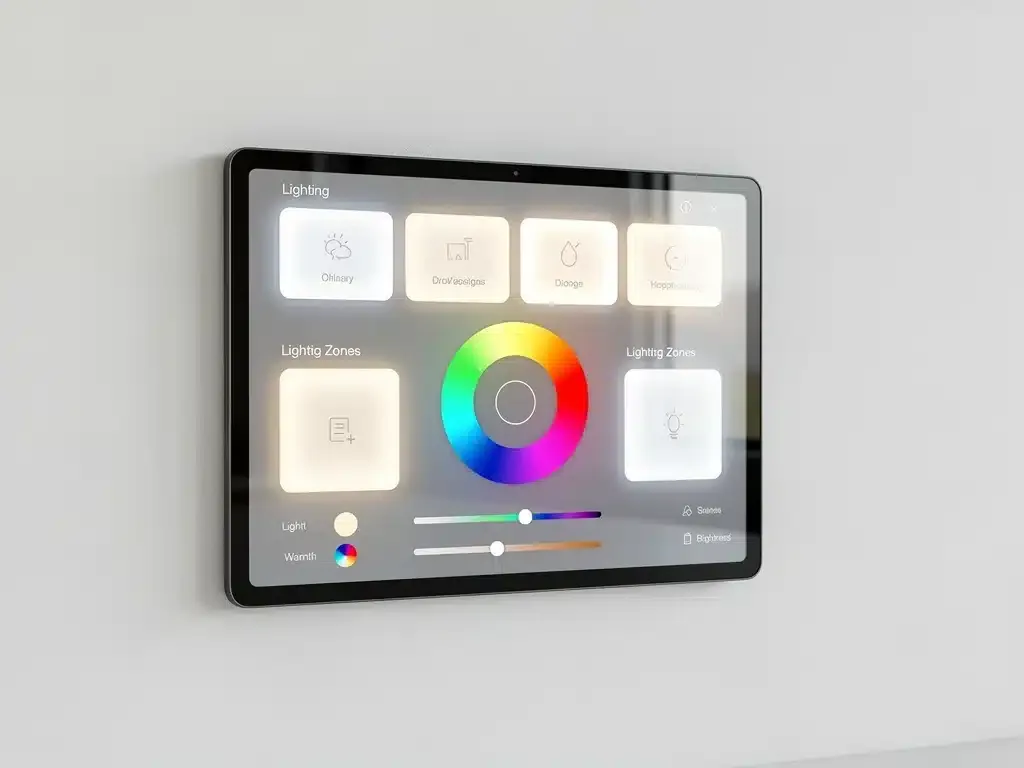 Panel de control de hogar inteligente integrado en la pared mostrando opciones de iluminación y zonas, para una gestión intuitiva.
