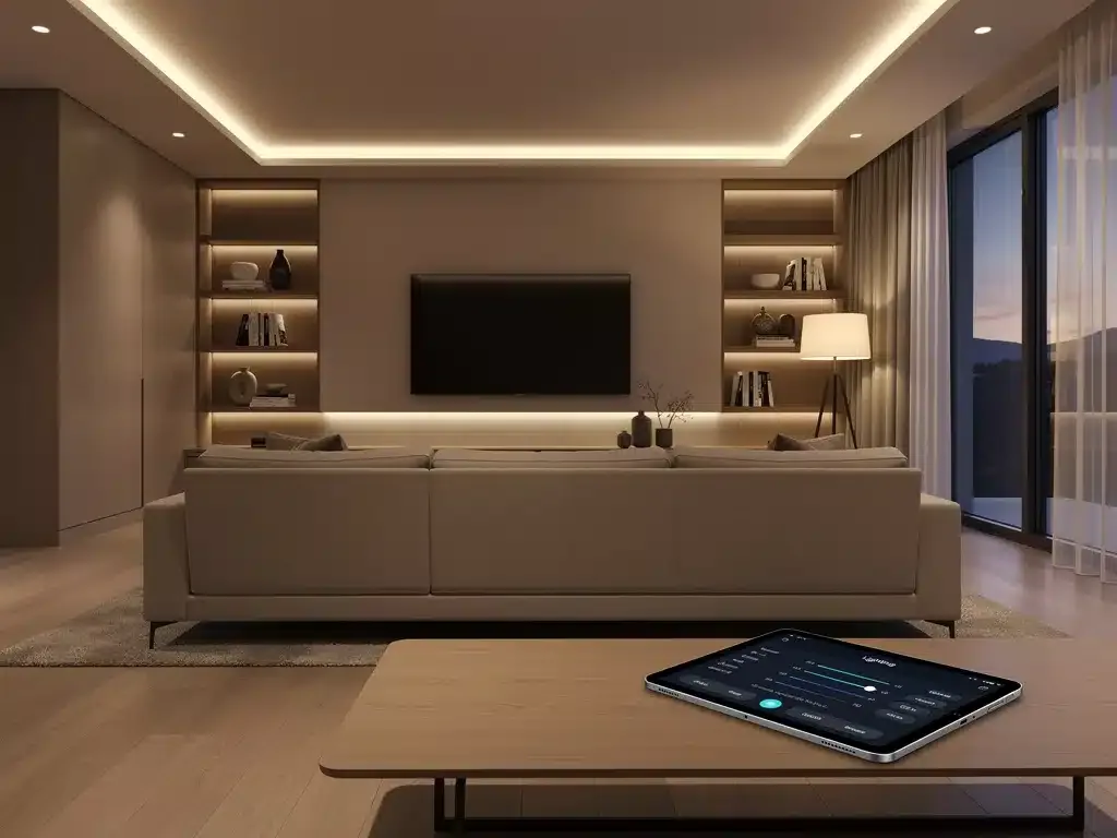 Sala de estar moderna con iluminación inteligente cálida y adaptativa, creando un ambiente acogedor y cómodo.