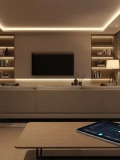 Sala de estar moderna con iluminación inteligente cálida y adaptativa, creando un ambiente acogedor y cómodo.