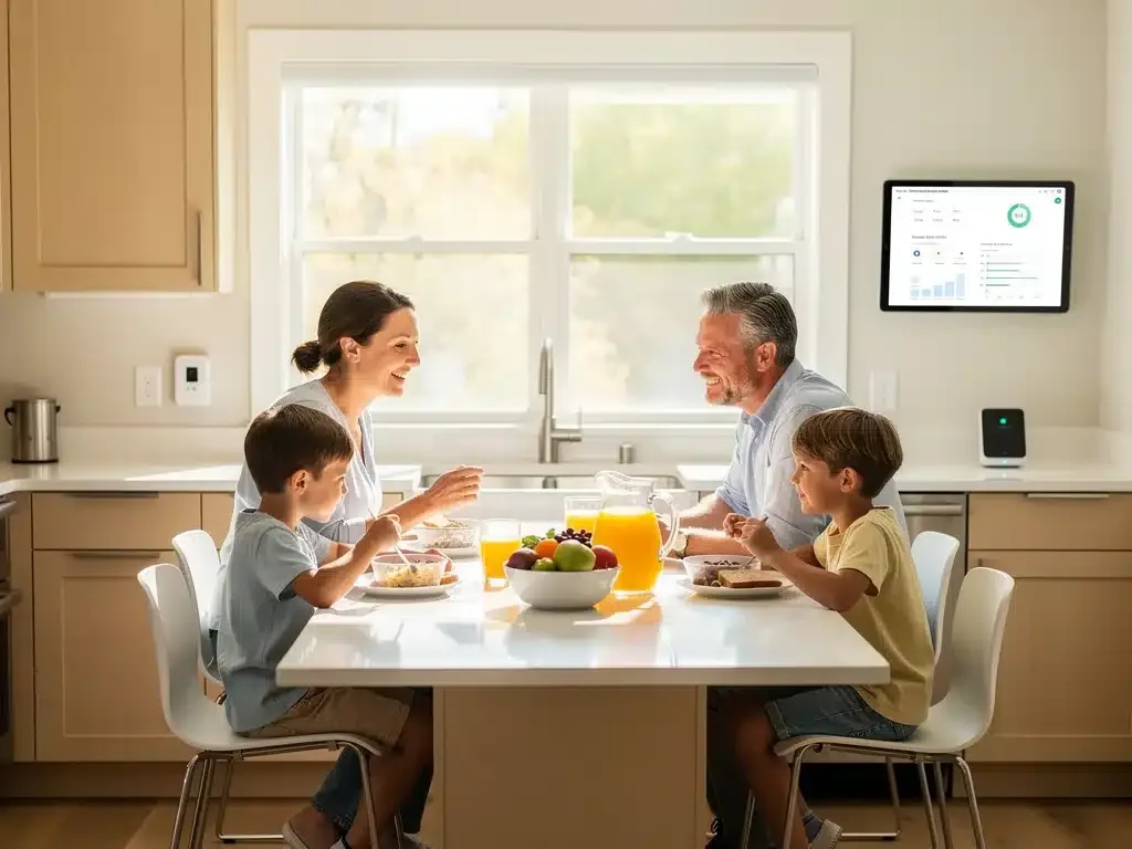 Familia desayunando en una cocina moderna y limpia, simbolizando un hogar libre de plagas.