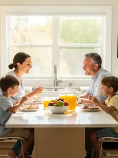 Familia desayunando en una cocina moderna y limpia, simbolizando un hogar libre de plagas.
