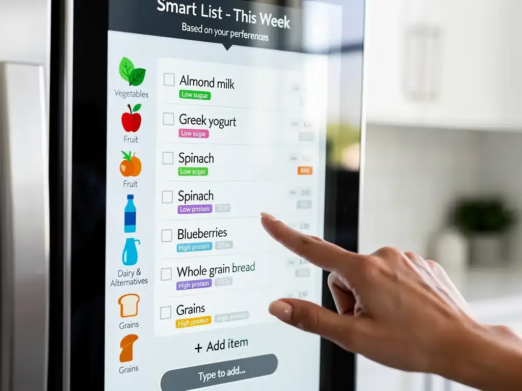 Pantalla de refrigerador inteligente mostrando lista de compras personalizada y gestión de inventario.