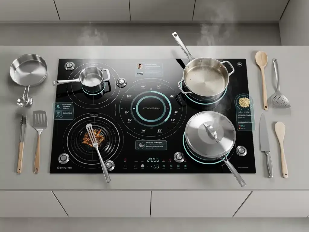 Isla de cocina con superficie de cocción por inducción inteligente y sensores que monitorean la preparación de alimentos.