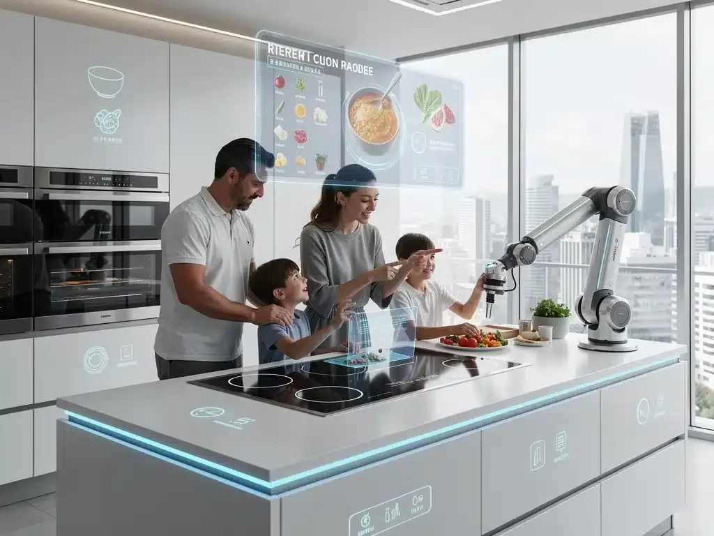 Diseño de Cocinas del Futuro con tecnología integrada, mostrando una familia interactuando con electrodomésticos inteligentes.