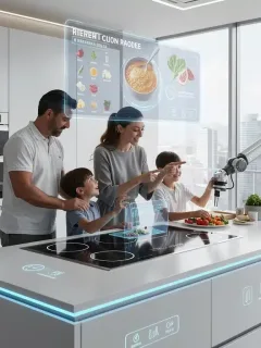 Diseño de Cocinas del Futuro con tecnología integrada, mostrando una familia interactuando con electrodomésticos inteligentes.