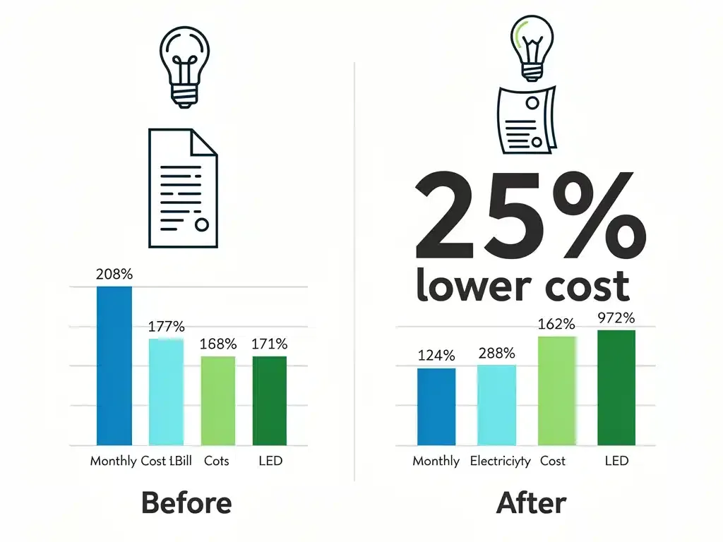 Gráfico comparativo de facturas de electricidad antes y después de instalar iluminación LED, demostrando un ahorro del 25%.