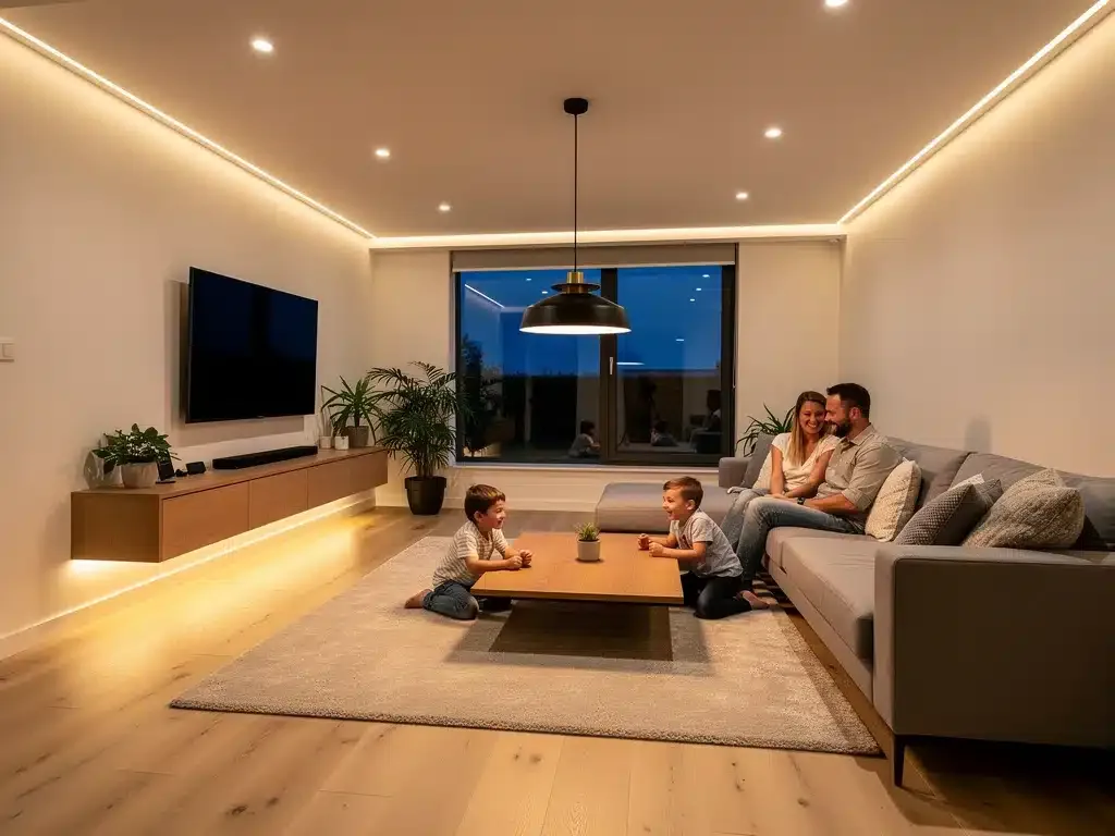 Sala de estar moderna iluminada con diversas opciones de iluminación LED, destacando la eficiencia energética y el diseño contemporáneo.
