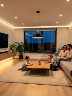 Sala de estar moderna iluminada con diversas opciones de iluminación LED, destacando la eficiencia energética y el diseño contemporáneo.