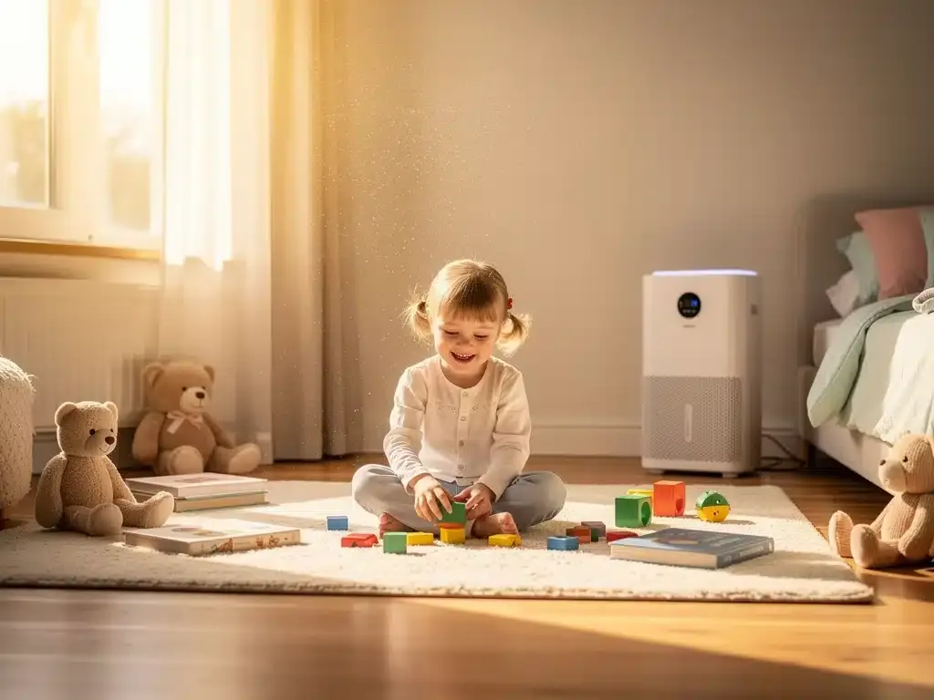 Niño jugando en una habitación con un purificador de aire silencioso, creando un ambiente de Aire Limpio en Casa ideal para el desarrollo infantil.