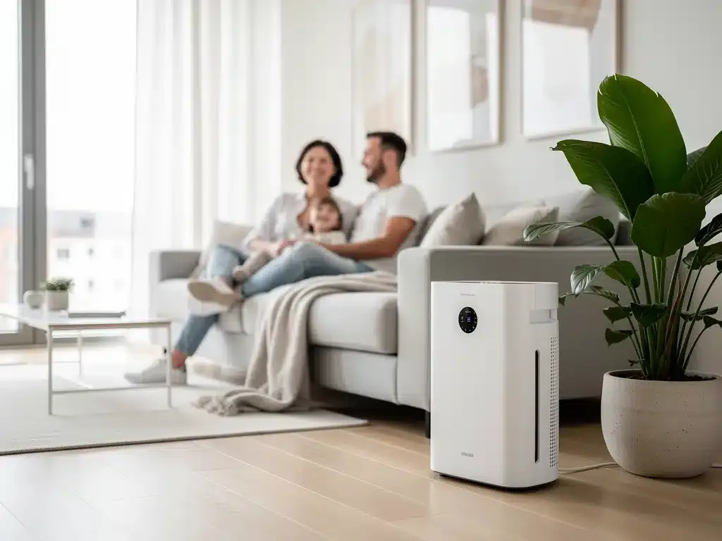 Sala de estar moderna con un purificador de aire elegante, simbolizando un Aire Limpio en Casa y un ambiente saludable para la familia.