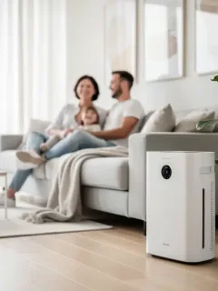 Sala de estar moderna con un purificador de aire elegante, simbolizando un Aire Limpio en Casa y un ambiente saludable para la familia.