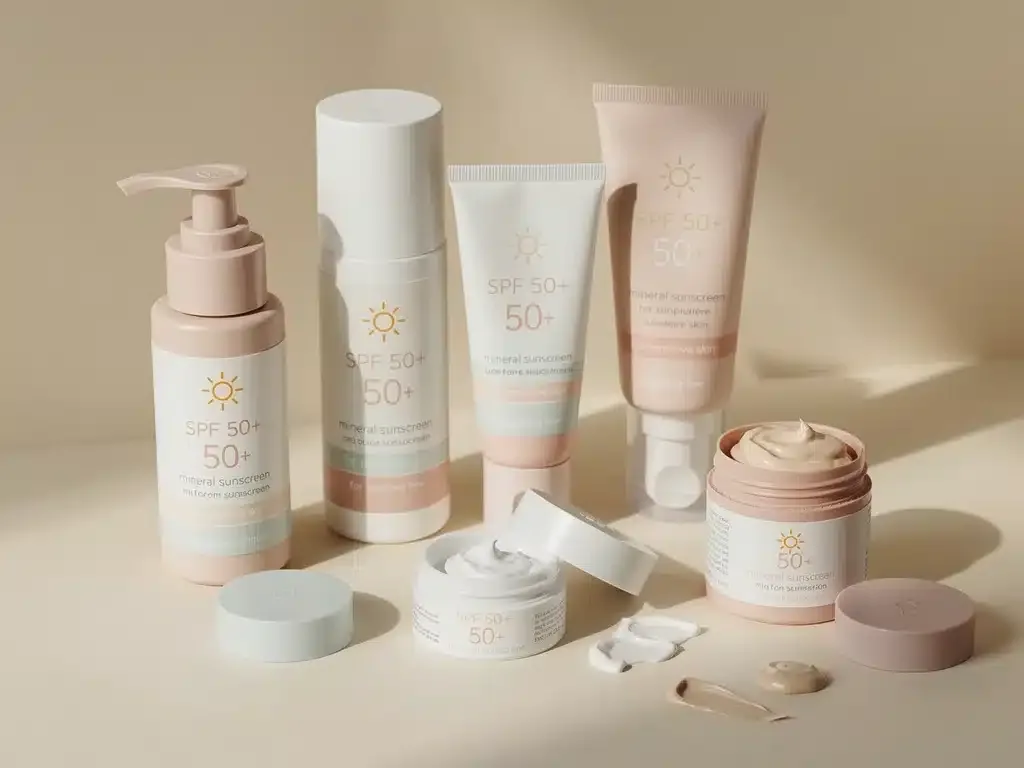 Variedad de protectores solares minerales SPF 50+ para piel sensible.