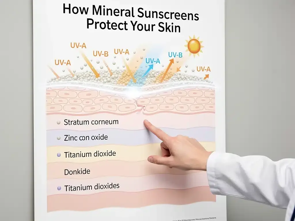 Dermatólogo explicando el funcionamiento de protectores solares minerales en la piel.
