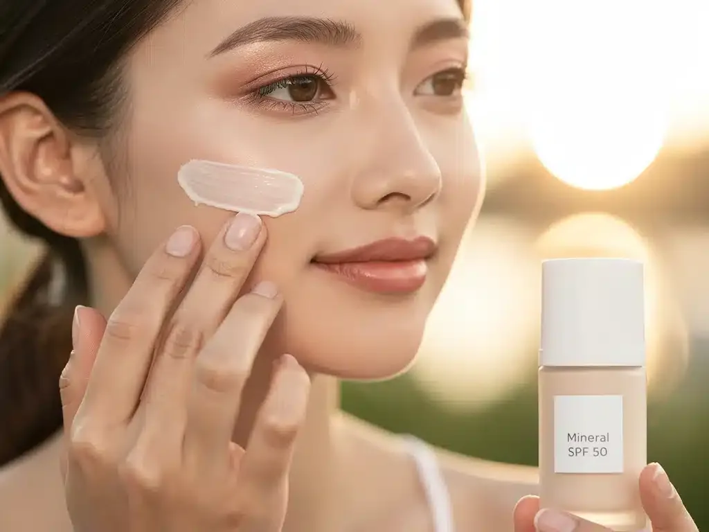 Mujer aplicando protector solar mineral SPF 50+ en su rostro sensible.