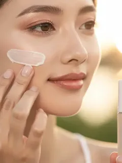 Mujer aplicando protector solar mineral SPF 50+ en su rostro sensible.