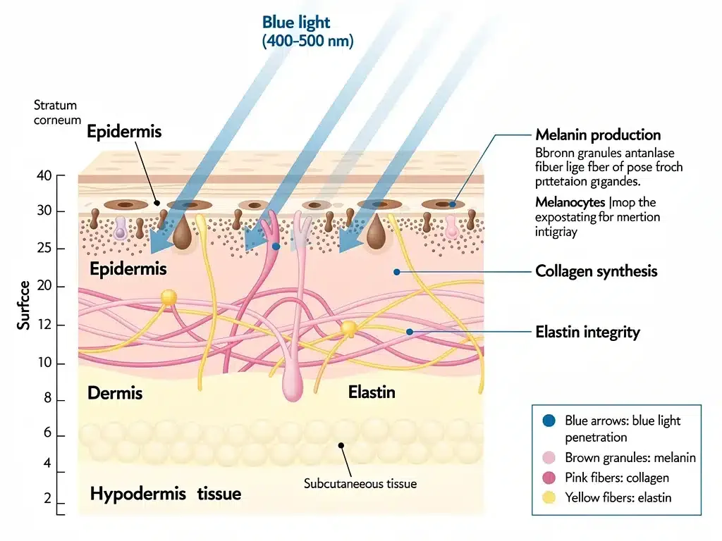 Diagrama que muestra cómo la luz azul penetra las capas de la piel y sus efectos biológicos.