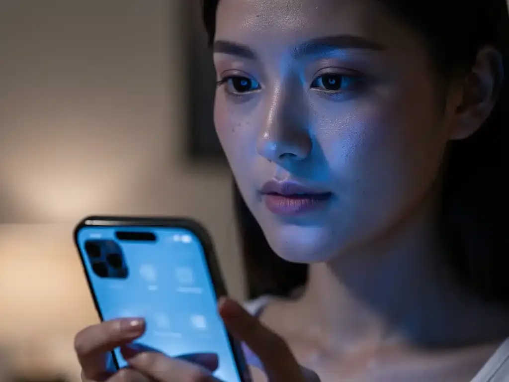 Mujer utilizando un smartphone, su rostro iluminado por la luz azul, destacando los efectos en la piel.