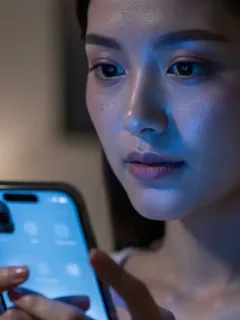 Mujer utilizando un smartphone, su rostro iluminado por la luz azul, destacando los efectos en la piel.