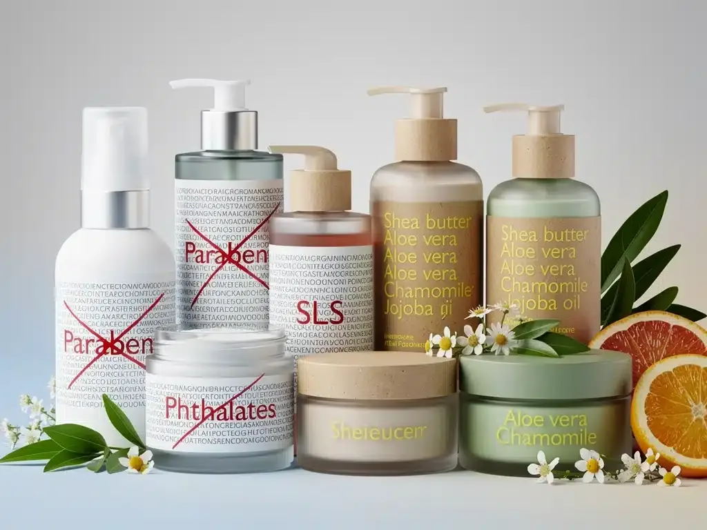 Envases de cosméticos con ingredientes químicos tachados y productos de belleza limpia con listas de ingredientes naturales.