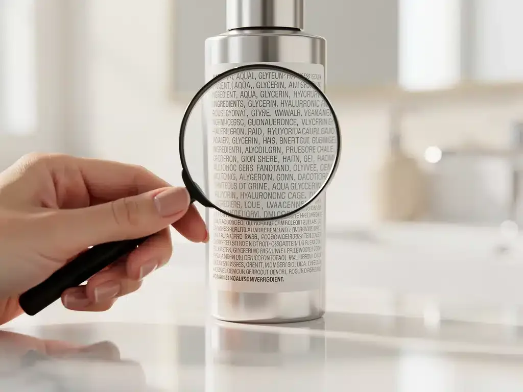 Mano sosteniendo una lupa sobre una etiqueta de ingredientes de cosméticos, resaltando la importancia de la lectura para maquillaje 'clean'.