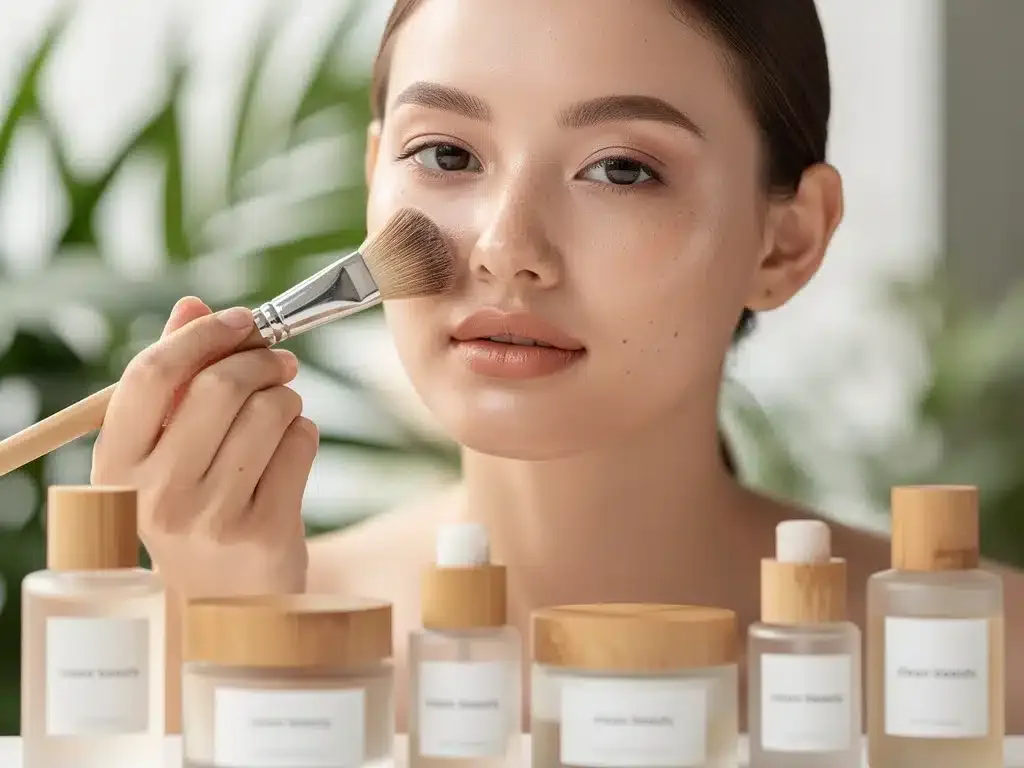Mujer aplicando maquillaje 'clean' con productos naturales y sostenibles, mostrando una piel radiante y saludable.