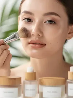 Mujer aplicando maquillaje 'clean' con productos naturales y sostenibles, mostrando una piel radiante y saludable.